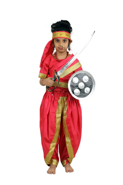 costumeonrent Rani Laxmi Bai Saree with Jewellery Jhansi Ki Rani Freedom Fighter Manikarnika for Girl Kids and Adult Fancy Dress Costume