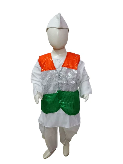 costumeonrent Patriotic Dhoti Kurta Tricolour Jacket Nehru Cap Kids Fancy Dress Costume